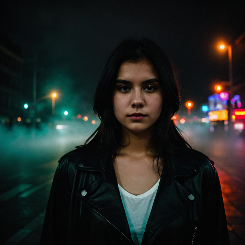 Фотография созданная по текстовому запросу: city street, neon, fog, volumetric, closeup portrait photo of young woman in dark clothes