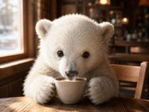 Белый медвежонок пьет кофе: фото нейросети ChatGPT