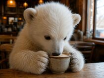Белый медвежонок пьет кофе: фото нейросети ChatGPT