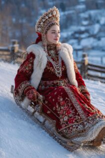 Девушка в красном народном костюме спускается на санях: фото нейросети ChatGPT