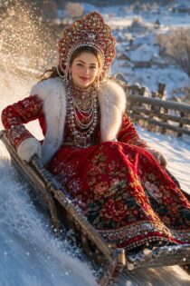 Девушка в красном народном костюме спускается на санях: фото нейросети ChatGPT