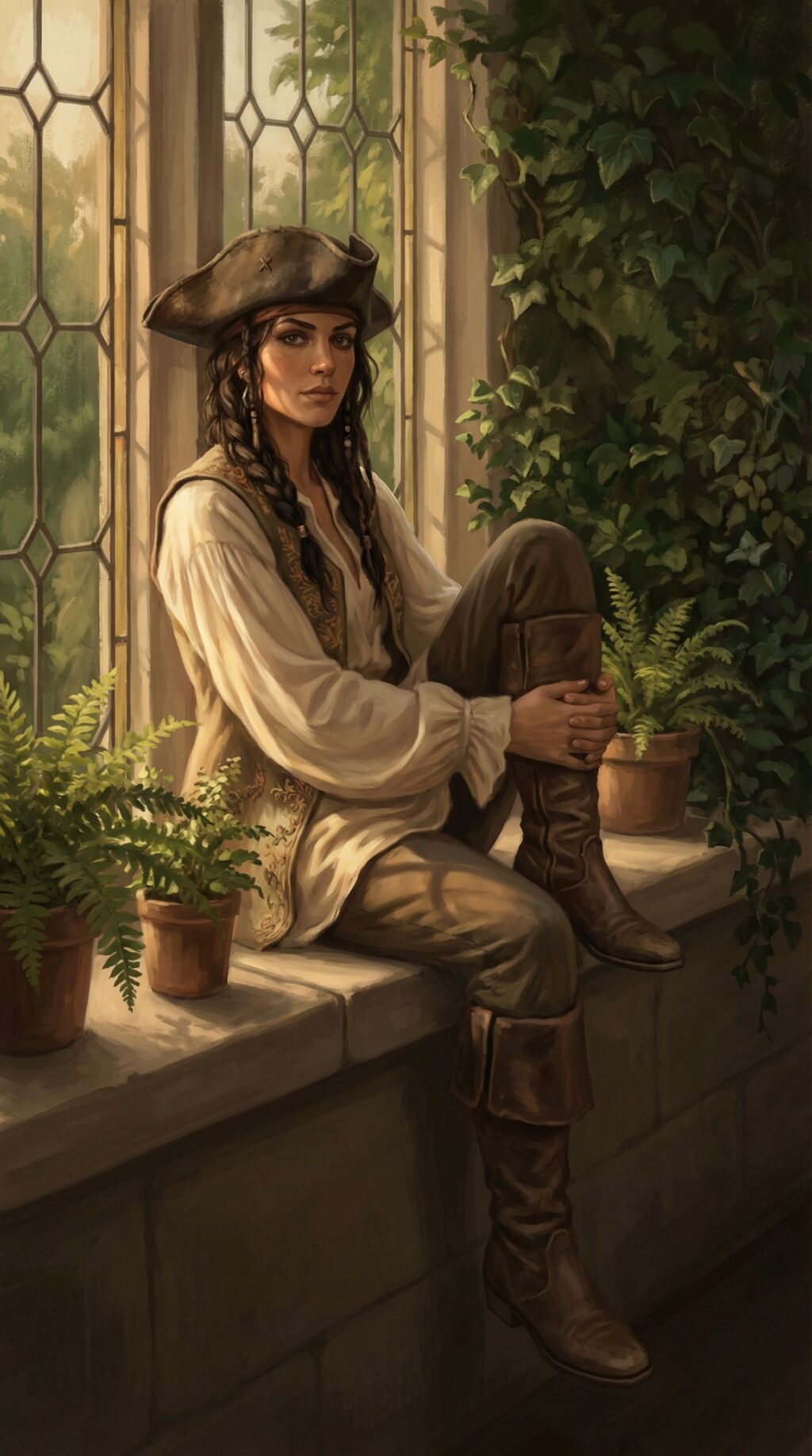 Фэнтезийный портрет девушки-пиратки у окна — работа нейросети Flux Фэнтезийный портрет девушки-пиратки у окна — работа нейросети Flux