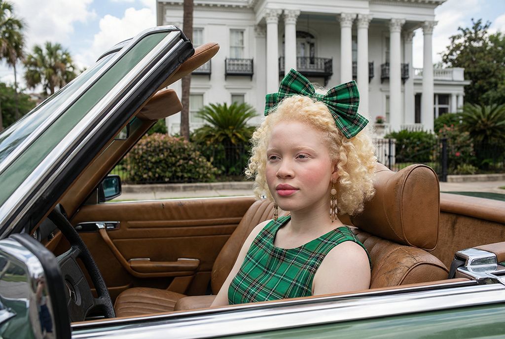 Портрет женщины-альбиноса в зелёном автомобиле - работа нейросети Flux Портрет женщины-альбиноса в зелёном автомобиле - работа нейросети Flux