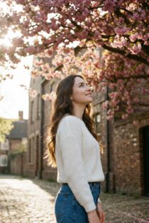 Весенний портрет молодой русской женщины под цветущей сакурой — работа нейросети Flux