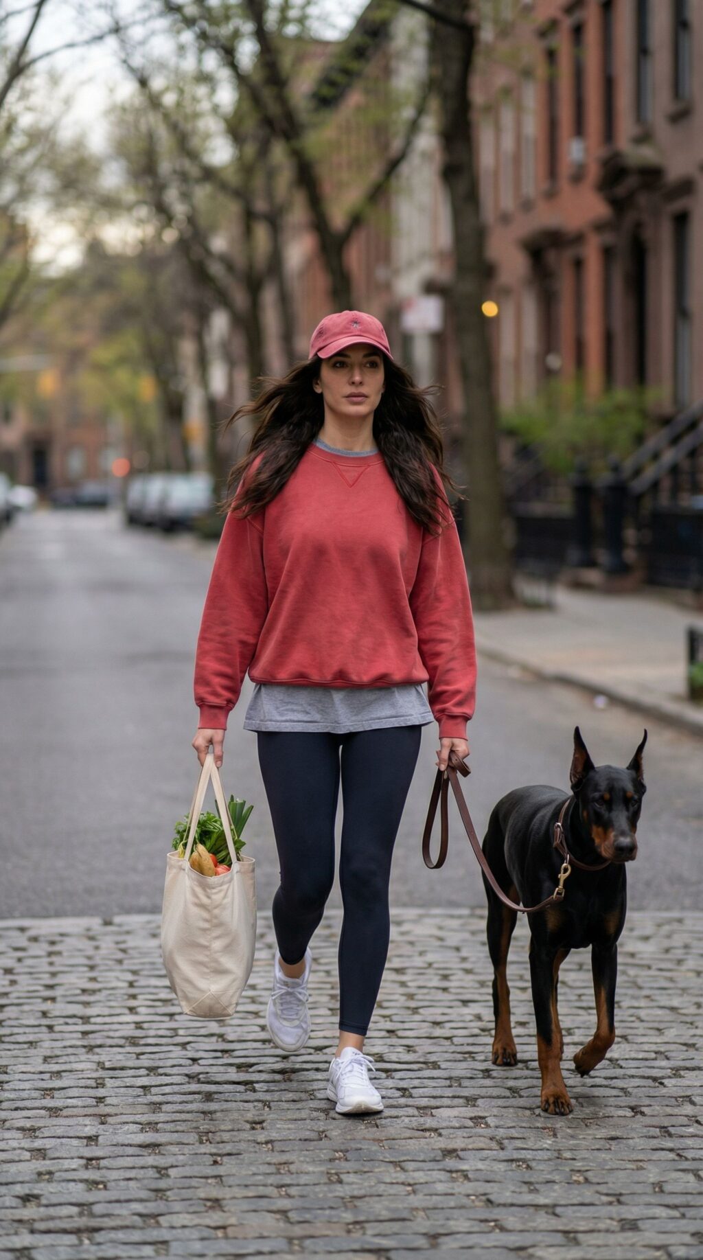 Реалистичный женский портрет с доберманом на улице — работа нейросети Flux