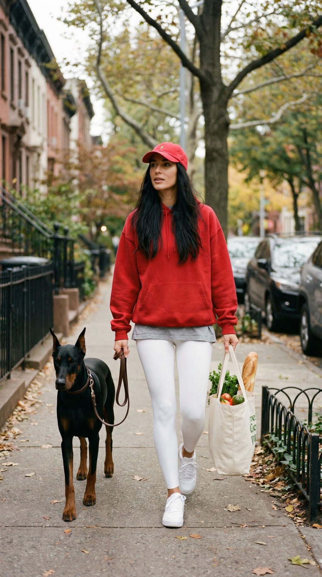 Реалистичный женский портрет с доберманом на улице — работа нейросети Flux