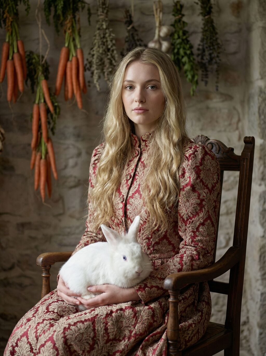 Женский образ с белым кроликом - художественный портрет нейросети Flux