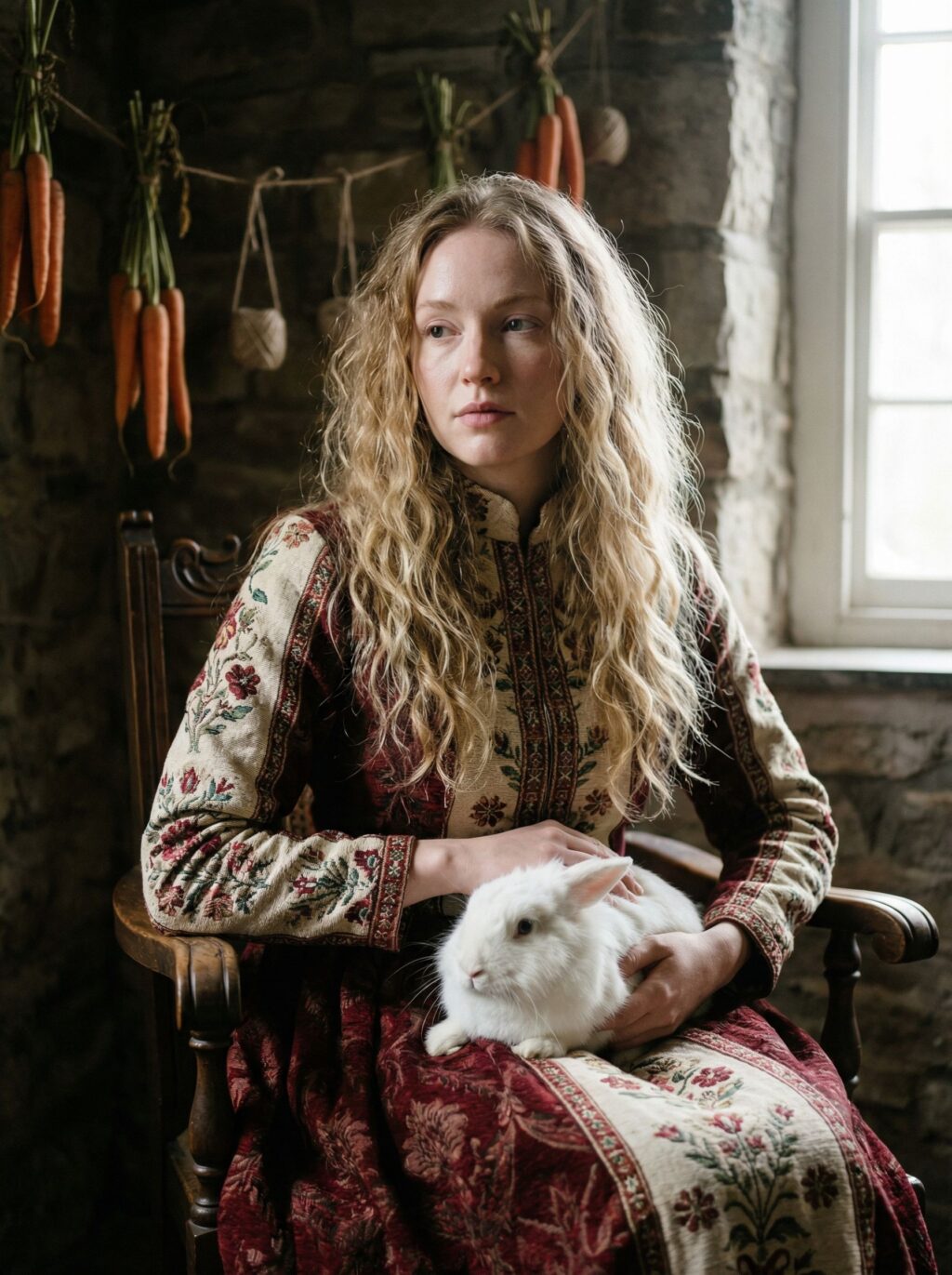 Женский образ с белым кроликом - художественный портрет нейросети Flux