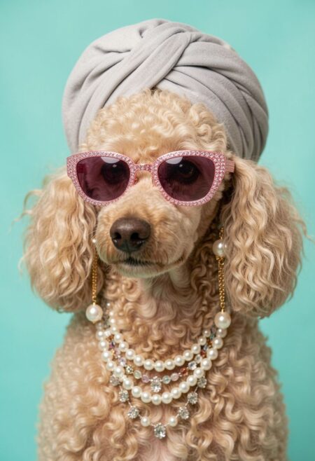 Пудель в гламурном ретро-образе с украшениями на бирюзовом фоне: изображение, созданное в нейросети Freepik, фото №2 Пудель в гламурном ретро-образе с украшениями на бирюзовом фоне: изображение, созданное в нейросети Freepik, фото №2