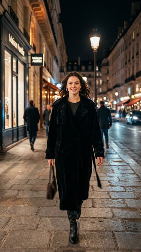 Девушка в черном бархатном пальто в движении: фотографии Freepik с промптом