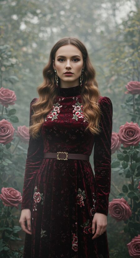 Элегантная женщина среди гигантских роз в туманном лесу: изображение, созданное в нейросети Freepik, вертикальный вариант №1