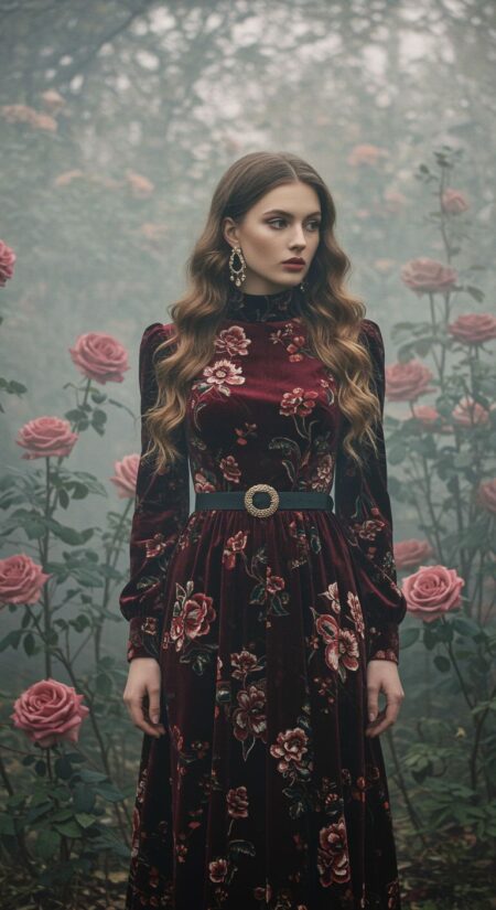 Элегантная женщина среди гигантских роз в туманном лесу: изображение, созданное в нейросети Freepik, вертикальный вариант №2