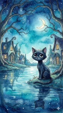 Лунная ночь после потопа: чёрный кот у затопленного озера — работа нейросети Gemini