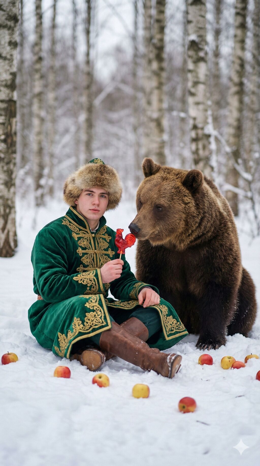 Зимний фольклорный портрет с медведем - работа нейросети Gemini Зимний фольклорный портрет с медведем - работа нейросети Gemini