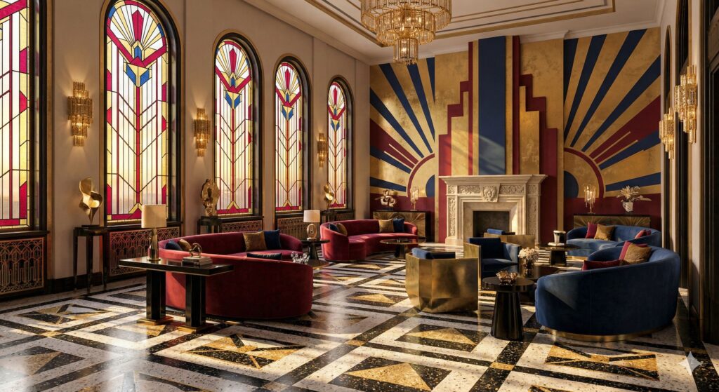 Роскошная гостиная в стиле ар-деко — работа нейросети Gemini Роскошная гостиная в стиле ар-деко — работа нейросети Gemini