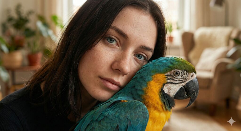 Портрет русской девушки и красочного попугая — работа нейронки Gemini Портрет русской девушки и красочного попугая — работа нейронки Gemini