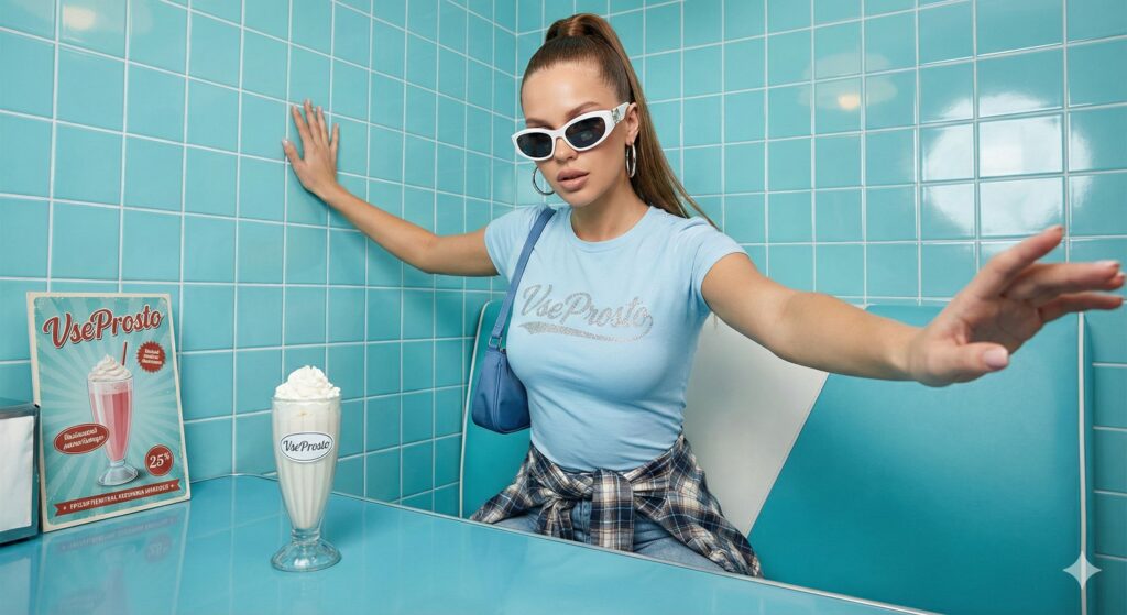 Ретро-портрет в бирюзовых тонах с рекламной эстетикой — работа нейросети Gemini