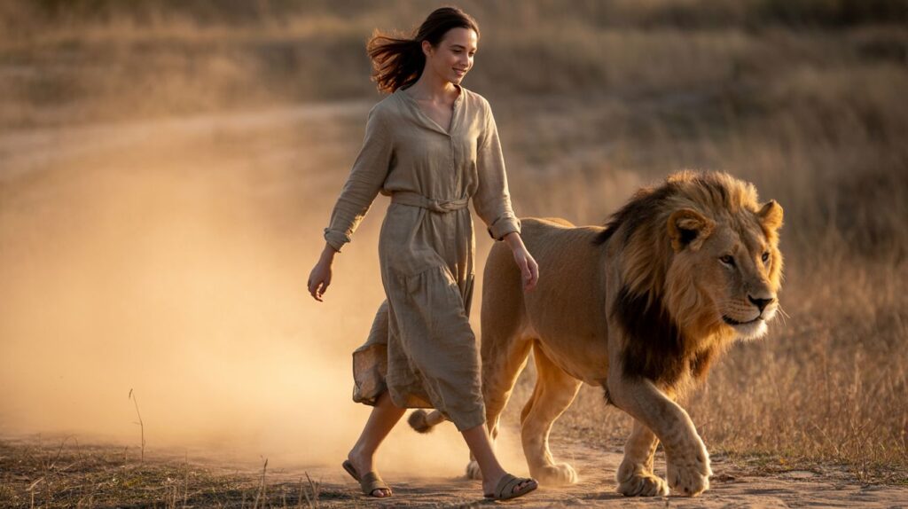 Реалистичная сцена девушки и льва под тёплым вечерним солнцем, созданная нейросетью Ideogram