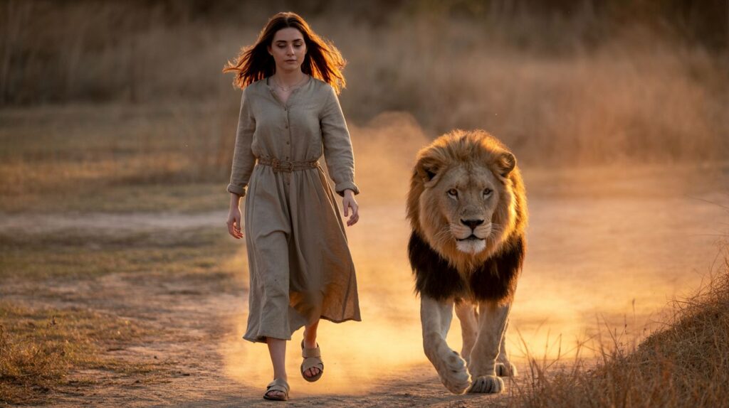 Реалистичная сцена девушки и льва под тёплым вечерним солнцем, созданная нейросетью Ideogram