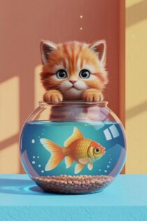 Любопытный котёнок у аквариума, стиль C4D Cartoon — нейросеть Ideogram