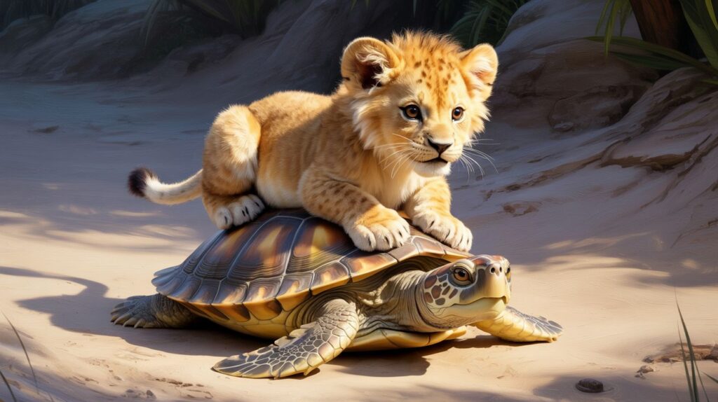 Львёнок и черепаха: тёплая фантазийная сцена, созданная нейросетью Ideogram