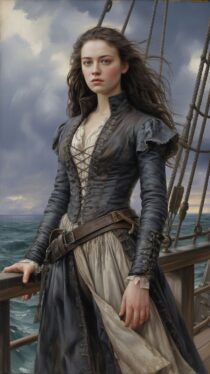 Героиня тёмных морей в драматичном свете — создано нейросетью Ideogram