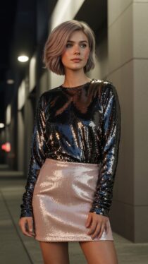 Элегантная девушка в ночном городе — работа нейросети Ideogram