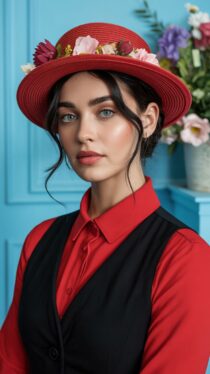 Портрет женщины в красной шляпе с цветочным украшением, созданный нейросетью Ideogram
