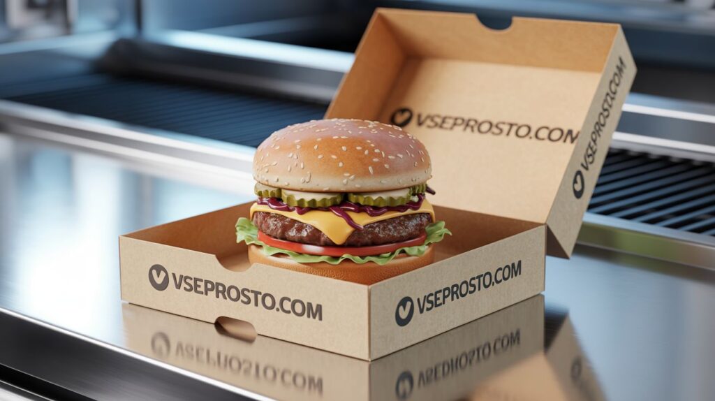 Сочный бургер с фирменным стилем VseProsto.com: изображения нейросети Ideogram + промпт