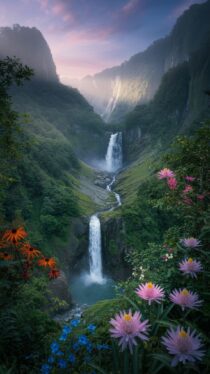 Сказочный мир водопадов и цветов: изображения, созданные нейросетью Ideogram