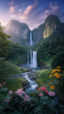 Сказочный мир водопадов и цветов: изображения, созданные нейросетью Ideogram