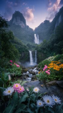 Сказочный мир водопадов и цветов: изображения, созданные нейросетью Ideogram