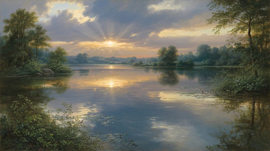 Закат над озером: живописный пейзаж, созданный нейросетью Ideogram