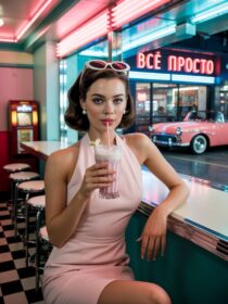 Девушка в кафе, ретро стиль: изображения созданные в нейросети Ideogram