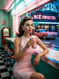 Девушка в кафе, ретро стиль: изображения созданные в нейросети Ideogram