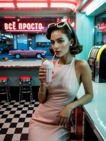 Девушка в кафе, ретро стиль: изображения созданные в нейросети Ideogram