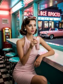 Девушка в кафе, ретро стиль: изображения созданные в нейросети Ideogram