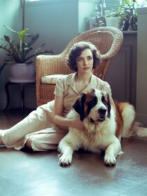 Ретро-композиция женщины и сенбернара, созданная Ideogram