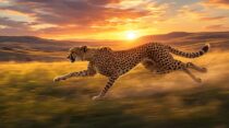 Бесстрашный гепард, несущийся по саванне на закате — генерация фото нейросетью Leonardo AI
