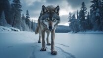 Охотящийся волк в зимнем лесу – Промпт для нейросети Leonardo.ai