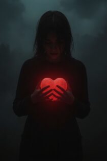 Женщина с сияющим красным сердцем в темноте: изображения Leonardo.AI + промпт