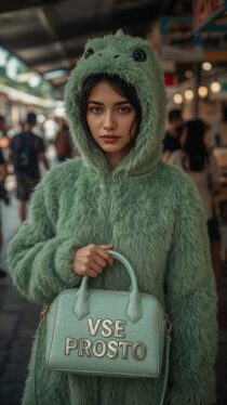 Девушка в костюме Годзиллы с сумочкой: генерация фото нейросетью Leonardo.AI