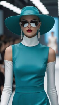 ИИ девушка-модель на подиуме в изумрудном платье и очках – Промпт для Leonardo.ai