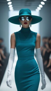 ИИ девушка-модель на подиуме в изумрудном платье и очках – Промпт для Leonardo.ai