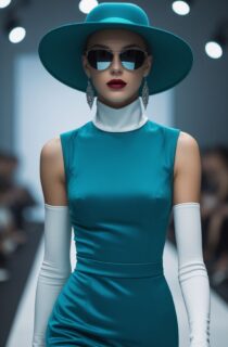 ИИ девушка-модель на подиуме в изумрудном платье и очках – Промпт для Leonardo.ai