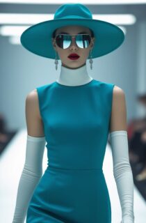 ИИ девушка-модель на подиуме в изумрудном платье и очках – Промпт для Leonardo.ai