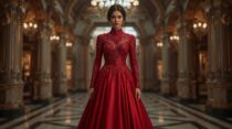 Женщина в рубиновом платье в викторианском зале: изображения Leonardo.AI + промпт