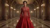 Женщина в рубиновом платье в викторианском зале: изображения Leonardo.AI + промпт