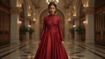 Женщина в рубиновом платье в викторианском зале: изображения Leonardo.AI + промпт