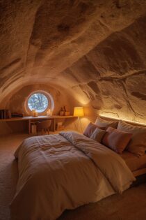 Уютная спальня в зимней пещере: изображения Leonardo.AI + промпт